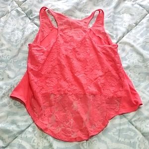 Coral pink tank top with floral lace mesh back sheer